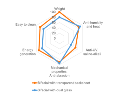 Figure 15 Comparison of bifacial with transparent backsheet and bifacial with dual glass