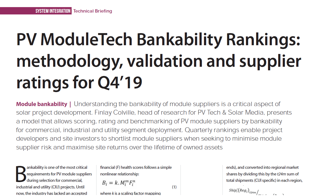 PV ModuleTech Bankability Rankings methodology, validation and