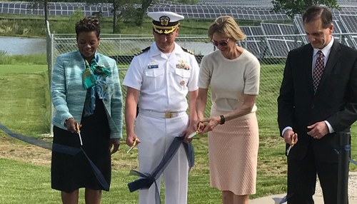 Left to right: Duke Energy Indiana president Melody Birmingham-Byrd, Commander Timothy Craddock, lieutenant governor Suzanne Crouch; John Kleim, executive director, Department of the Navy’s Resilient Energy Programme Office. Source: Duke Energy