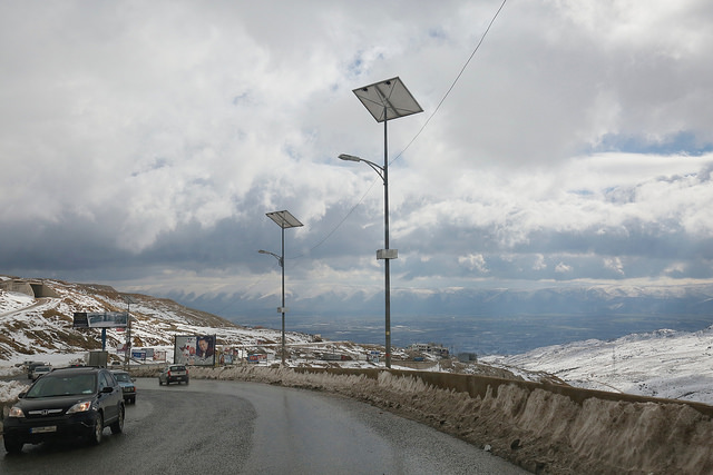 Solar street lighting in Lebanon. The country is reliant on imported fuel for electricity generation. Image: Russell Watkins/DFID.