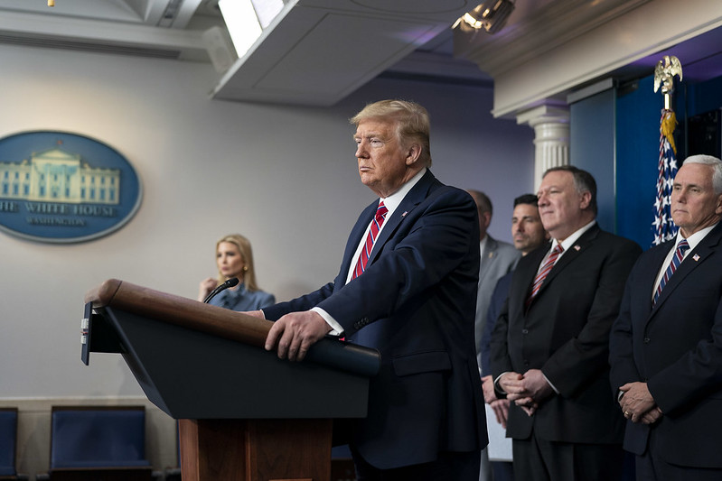 President Donald J. Trump at a COVID-19 press briefing on 20 March 2020. Image credit: GPA Photo Archive / Flickr