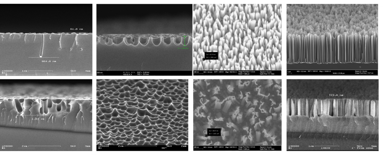 Figure 2: Scanning electron microscope (SEM) pictures of various structures all made by MACE.