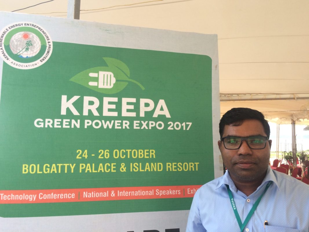 Terence Alex, founder and CEO of Wattsun Energy at the Green Power Expo in Kochi. Credit: Tom Kenning
