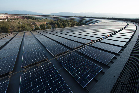 Apple’s new headquarters in Cupertino is powered by 100 percent renewable energy, in part from a 17-megawatt onsite rooftop solar installation. Credit: Apple