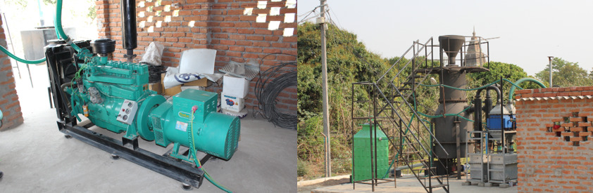 Husk's biomass gasification system. Rice husks are poured into the funnel system to be combusted and purified before progressing into the gasifier. Credit: Tom Kenning