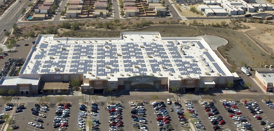 Commercial rooftop PV in Arizona. Utility solar prices in the state have plummeted in recent years. Image: Walmart Corporate.