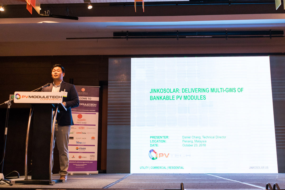 Daniel Chang, technical director at major China-based PV manufacturer JinkoSolar, talking at PV ModuleTech 2018 in Penang, Malaysia.