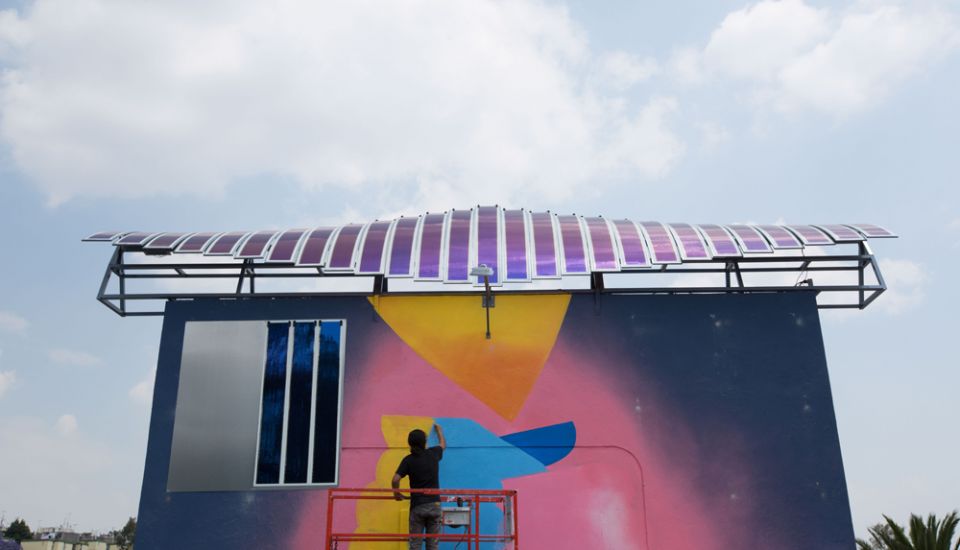 Engie's first advertising project called ‘Solar Graffiti’ features an installation on a sports field near Mexico City that combines the graffiti art of the local Street Artists N3O with Heliatek's solar films to power the sports areas lighting system. Image: Heliatek