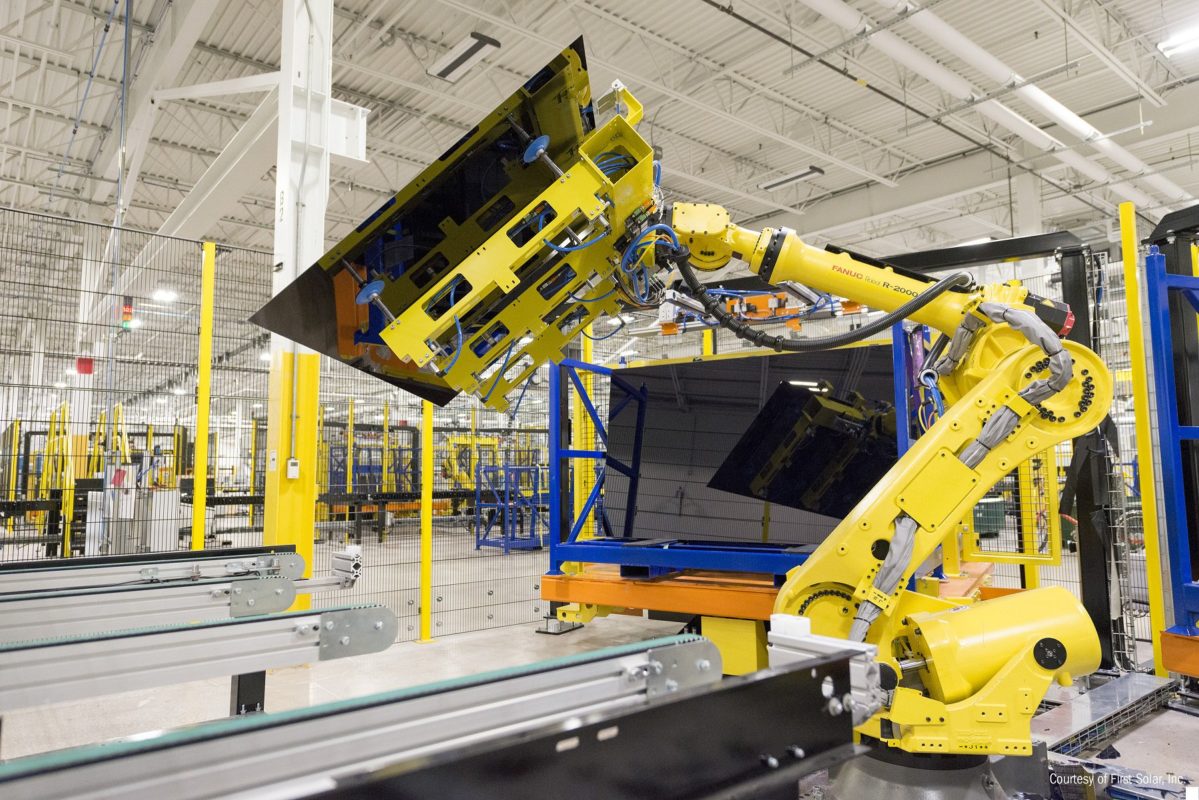 First Solar Series 6 module at automated assembly line. Image: First Solar. 