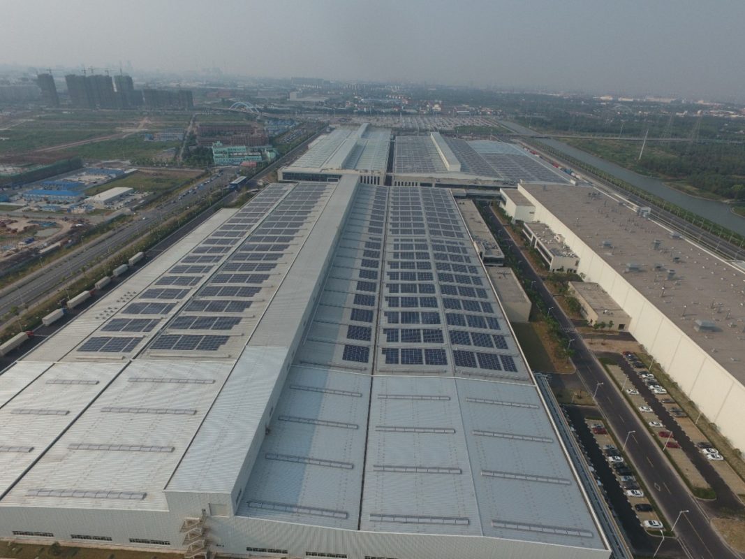 The Jinqiao Cadillac assembly plant in Shanghai (above) will feature 10 megawatts of rooftop solar arrays.