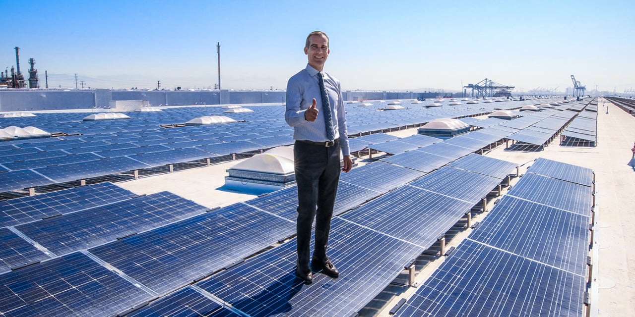 Los Angeles mayor Eric Garcetti stands atop the 16.4MW Westmont Solar Energy project. Image: Office of Eric Garcetti