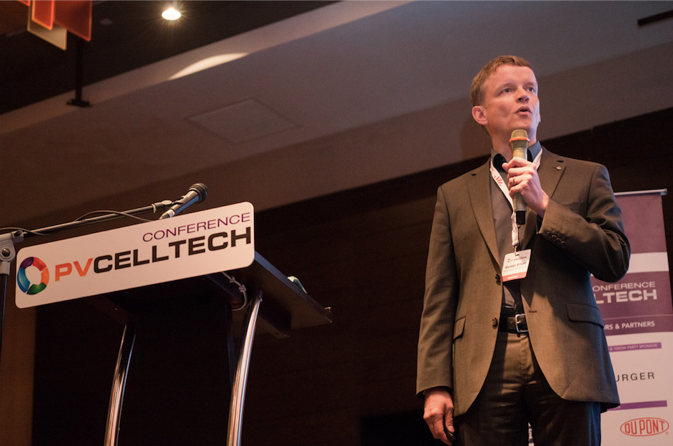 Dr. Gunter Erfurt, CTO of leading PV equipment supplier Meyer Burger, speaking at PV CellTech 2018. Credit: Solar Media