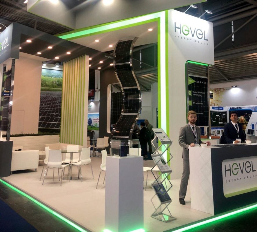 At Intersolar Europe, Hevel showcased a new HJ bifacial solar modules with a power output of up to 380Wp as well as 60-cell HJ modules with a power output of 325Wp. Image: Hevel Group