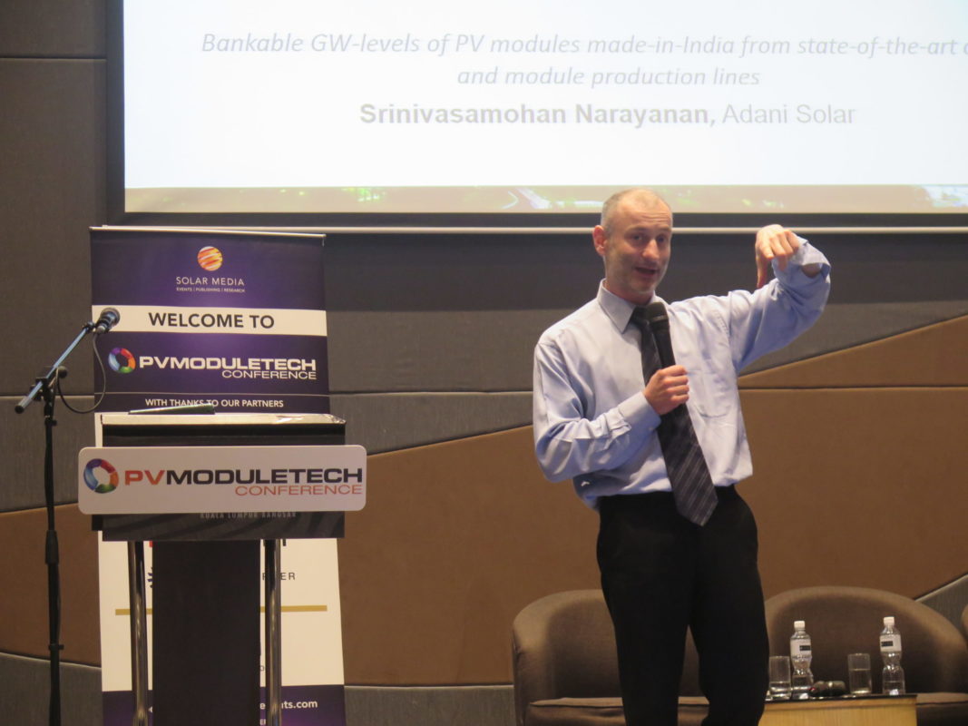 Finlay Colville, head of market research at Solar Media, on stage at PV ModuleTech 2017. Credit: Solar Media