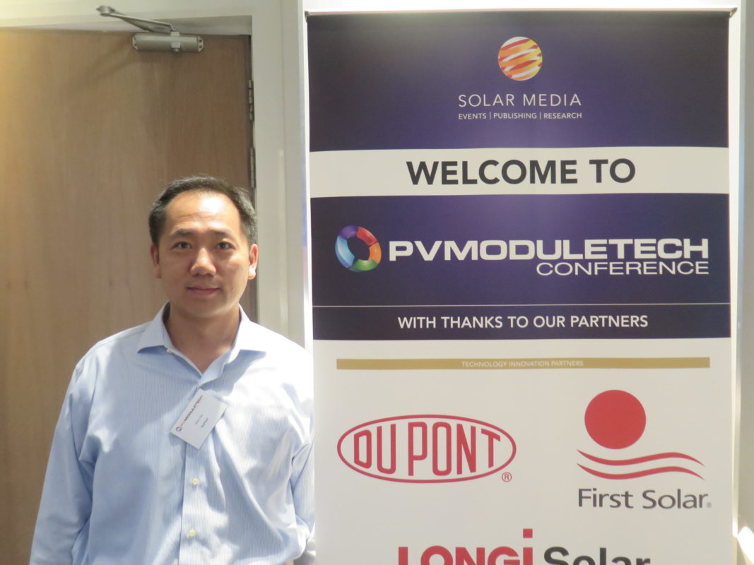 Mark Ma, global marketing manager, DuPont Photovoltaic Solutions, at PV ModuleTech 2017. Credit: Solar Media