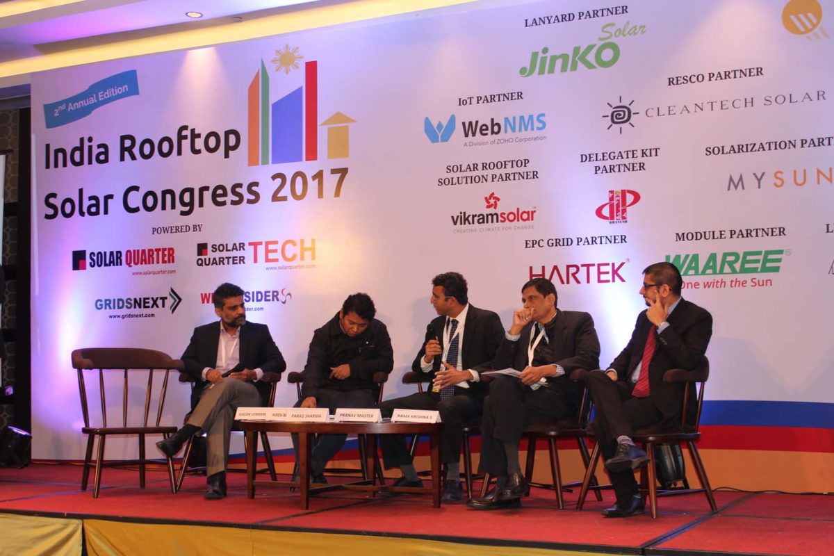 Executives from Tata Power Solar, ReNew Power, MYSUN, Crisil and an MNRE Scientist discussed India's rooftop policy and outlook at the India Rooftop Solar Congress 2017. Credit: Tom Kenning