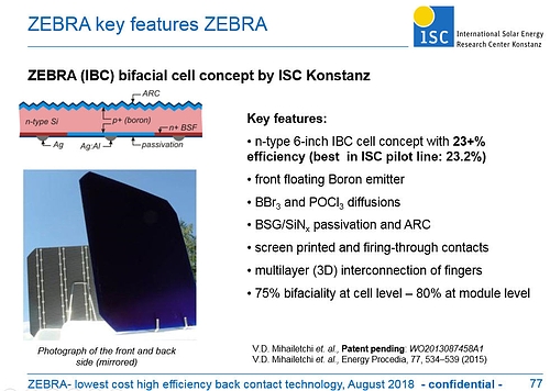 The core of the solar cell technology comes from a collaboration with German-based R&D centre, ISC Konstanz and its head, Radovan Kopecek and his team. The ‘ZEBRA’ IBC cell, which was developed as a low-cost IBC cell architecture using front floating emitter (FFE) and screen-printed and fired-through metallization made on large-area 152.4mm n-type monocrystalline wafers has been further developed at Violet Power.