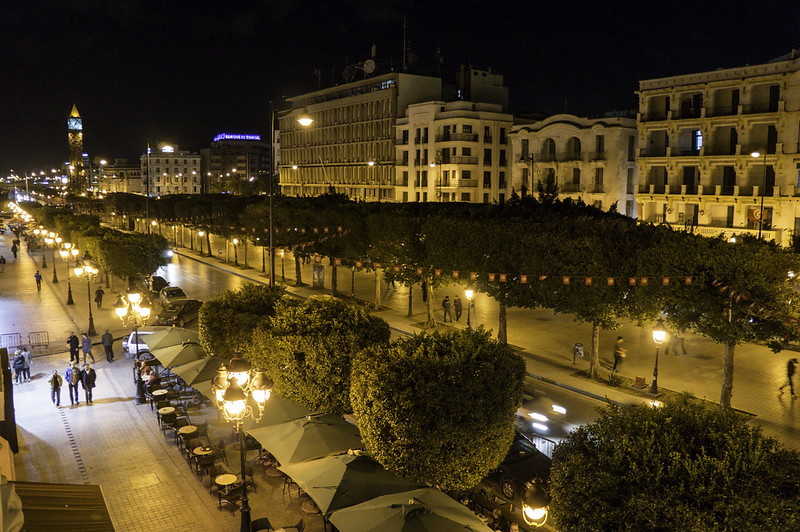 The streets of Tunisian capital Tunis lit up at night. Source: Dan Sloan, Flickr.