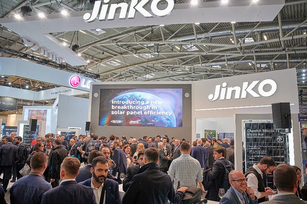 JinkoSolar has set its sights on PV module shipments globally in 2019, reaching between 14GW to 15GW, which would be a new industry record for a module manufacturer after setting a new shipment benchmark of 11.4GW in 2018. A packed booth at Intersolar Europe 2019. Image: JinkoSolar