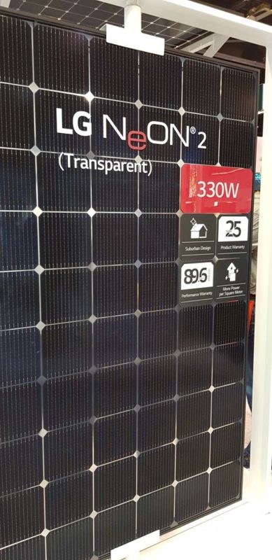 LG Electronics showcased its ‘NeON 2’ series panels at SPI 2018, which  included a transparent backsheet that improves residential system aesthetics by blending the roof colour through the spacing of the cells. Image: PV Tech
