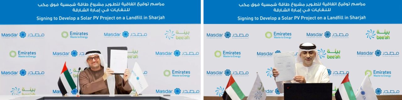 The agreement was signed remotely this week by Mohamed Jameel Al Ramahi, Masdar’s chief executive officer, andKhaled Al Huraimel, group chief executive officer of Bee’ah. Image: Emirates Waste to Energy Company.