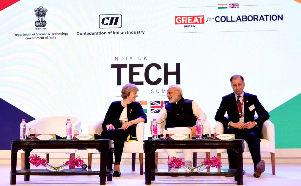 The duo made the announcement at today's India-UK Tech Summit in Delhi. Image: Narendra Modi/Twitter.
