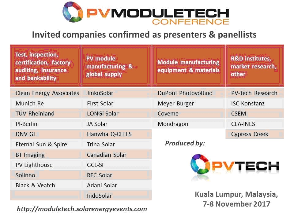 PV ModuleTech 2017 has assembled the leading global companies that produce, supply and qualify GW-levels of quality modules used by downstream segments of the solar industry.
