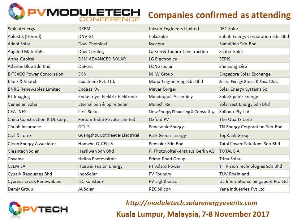 Over 100 companies are confirmed to be in attendance at PV ModuleTech 2017, with many sending multiple personnel across senior and technical business functions.