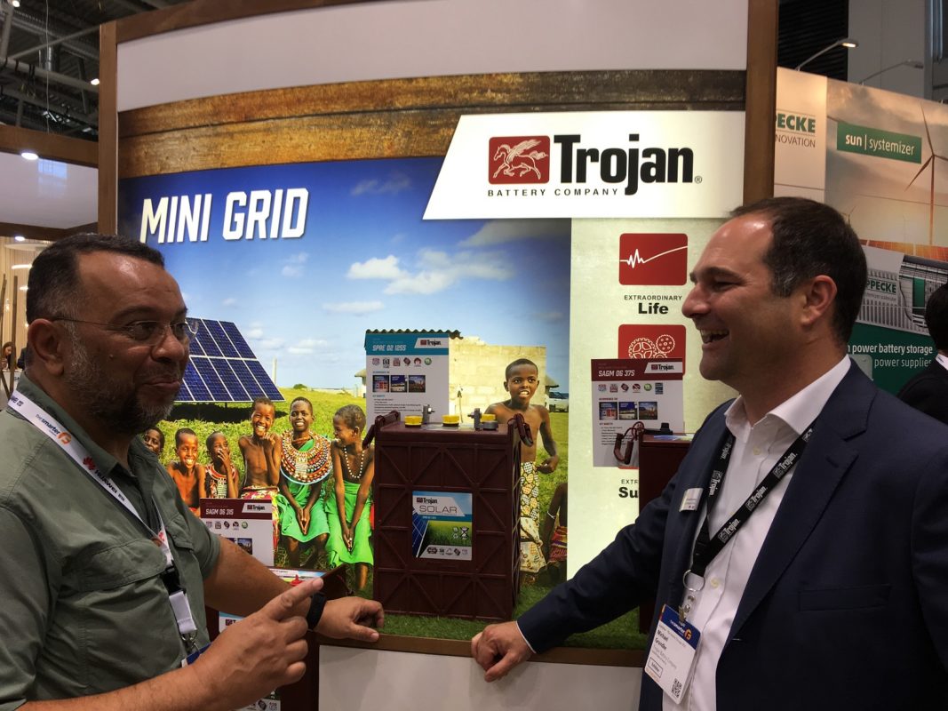 Nawir Ibrahim (left) with Trojan Battery's Michael Grundke, at Intersolar Europe in Munich, Germany, last week. Image: Andy Colthorpe.