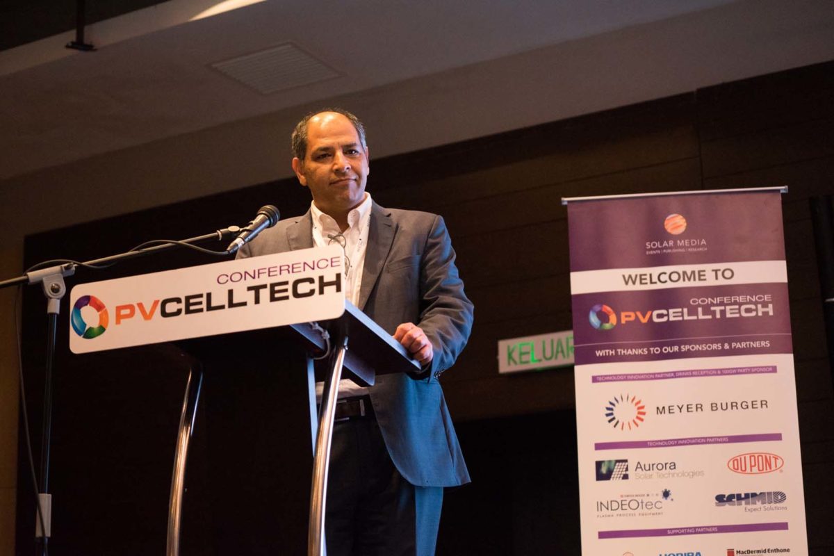 Omid Shojaei, the CEO of heterojunction production equipment supplier INDEOtec, speaking at PV CellTech 2018. Credit: Solar Media