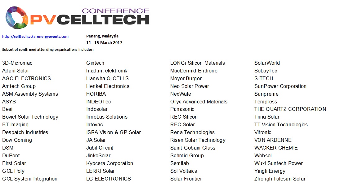 PV CellTech 2017 will include representation from most of the Top-200 companies serving the manufacturing segment of the solar industry.