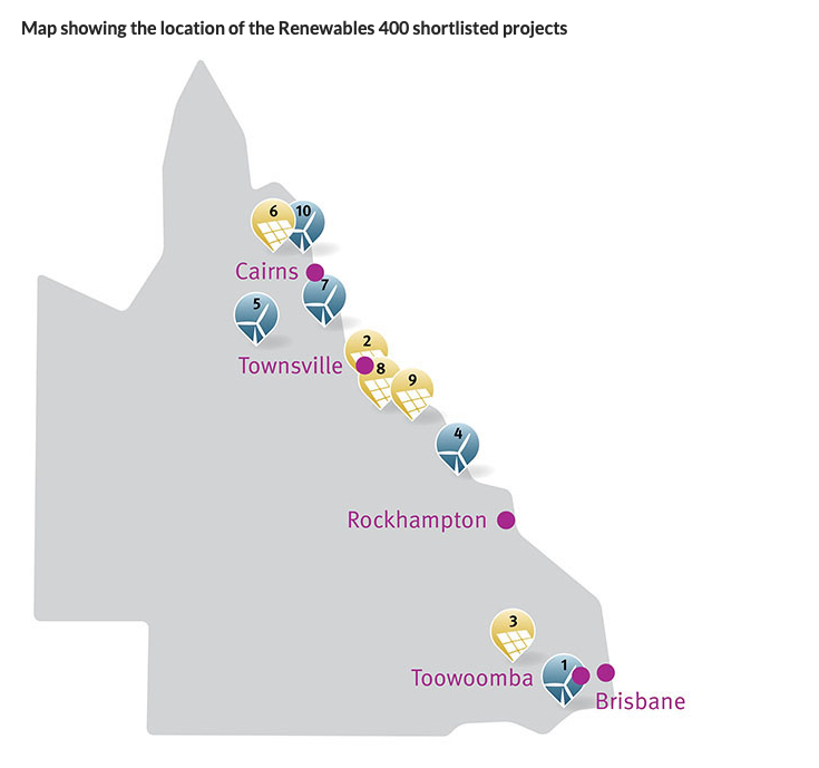 Where the 10 'Renewables 400' project sites would be located (Credit: Queensland state government)