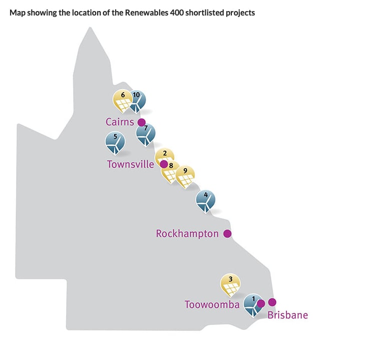 Where the 10 'Renewables 400' project sites would be located (Credit: Queensland state government)