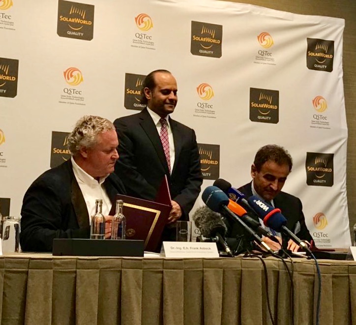(L-R) Dr Frank Asbeck, founder SolarWorld Industries, HE Sheikh Saoud A. Al-Thani, the Ambassador of the State of Qatar to the Federal Republic of Germany and Dr Khalid Klefeekh Al Hajri, QSTec chairman and CEO.