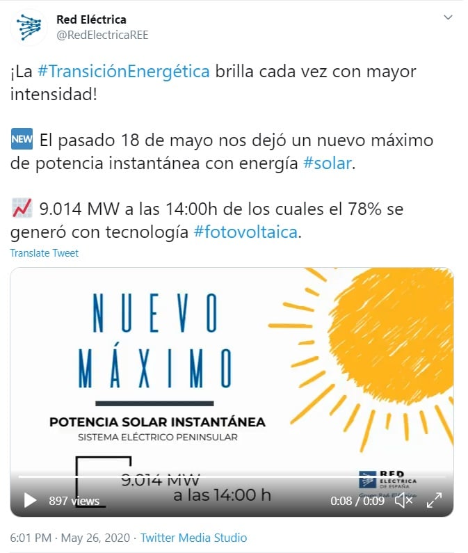 The new 9GW-plus solar generation record breaks the prior all-time high of 8.753GW, registered only three weeks earlier. Image credit: REE / Twitter