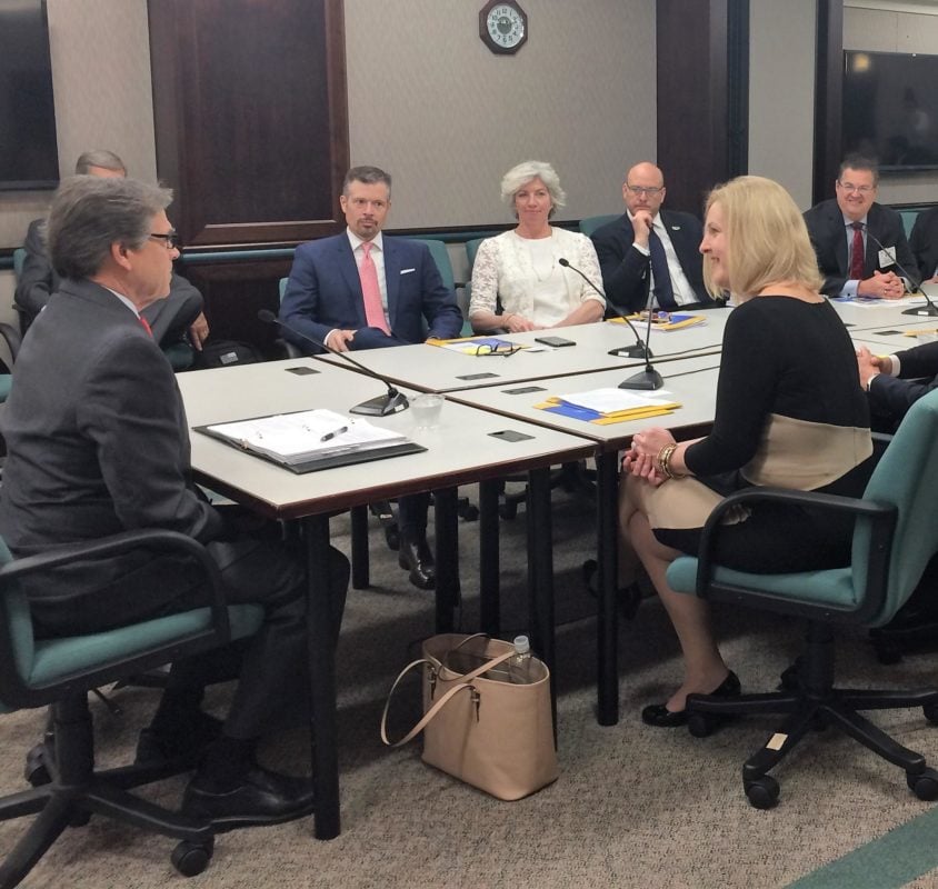 Department of Energy Secretary Rick Perry pictured with SEIA president and CEO Abby Ross Hopper and other SEIA board members at DOE headquarters in the Secretary’s first public engagement. Source: SunLink LinkedIn