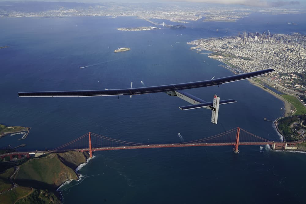 Solar Impulse 2 flies over the Golden Gate Bridge in San Francisco. Source: Solar Impulse