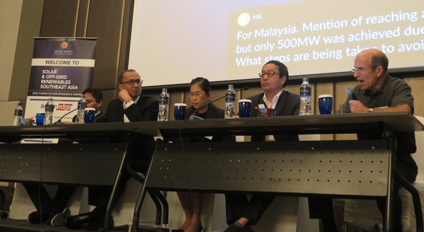 Government representatives from Malaysia (SEDA), Indonesia (ESDM), Vietnam (MOIT), Thailand (DEDE), and Christophe Inglin, managing director of Energetix, open the SORSEA conference in Bangkok. Credit: Solar Media.