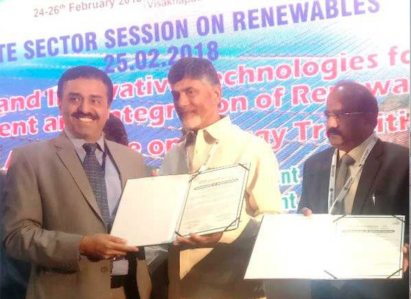(from left) Mr Kishor Nair, COO Avaada Power with the Honorable Chief Minister of Andhra Pradesh, N. Chandrababu Naidu for a partnership to develop 500 MW solar capacity. Credit: Avaada Power