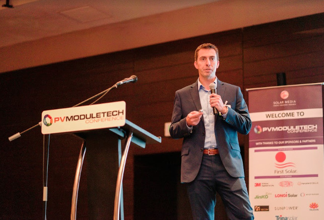 Lou Trippel, vice president of Product Management at US-based thin-film solar manufacturer and developer First Solar, speaking at PV ModuleTech 2018 in Penang, Malaysia.