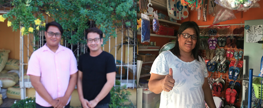 Senior high school teachers John Robert Villas and Mark Angelo Salvador (left) and Shopkeeper Gina Martinez (right)