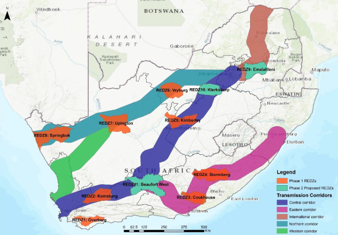 Location of 8 existing Renewable Energy Development Zones (REDZs) and 3 proposed additional zones, overlayed onto the electricity grid infrastructure corridors where investment in transmission infrastructure is planned. Credit: CSIR