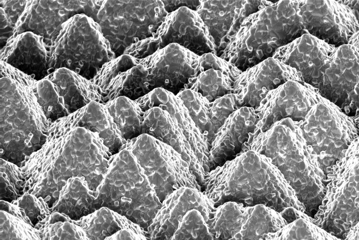 Using an evaporation method to form an inorganic porous base layer that fully covers the pyramids was developed, enabling it to retain the liquid organic solution that is then added via spin-coating. Image: EPFL and CSEM