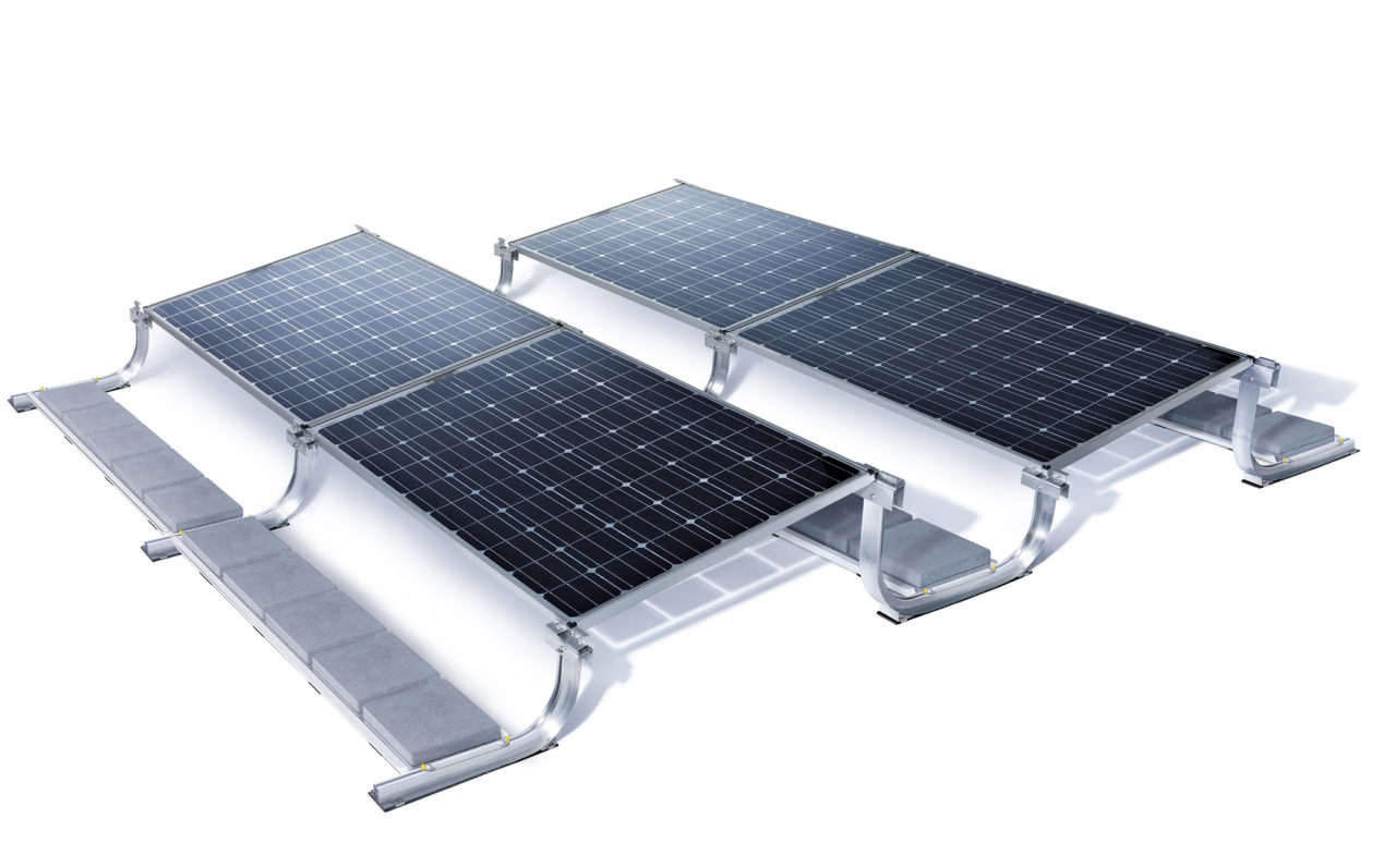 Sunfix Bisun can be attached to flat roofs with a roof-tilt of up to five degrees. It is suitable for various rooftop covers such as bitumen, gravel, foil or green roofs. Image: SolarWorld