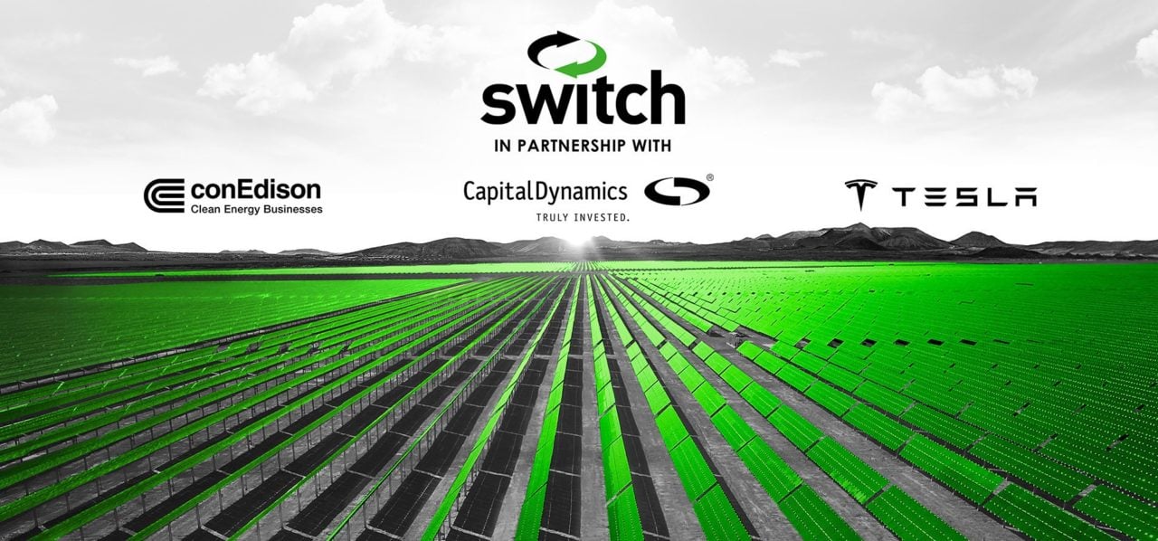 Alongside panels made by First Solar, the facilities will feature Tesla Megapacks. Image: Switch and Capital Dynamics.