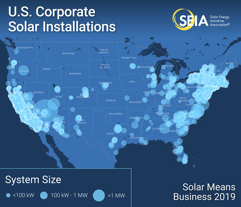 California, New York and Massachusetts lead the US for commercial solar installations. Image: SEIA. 