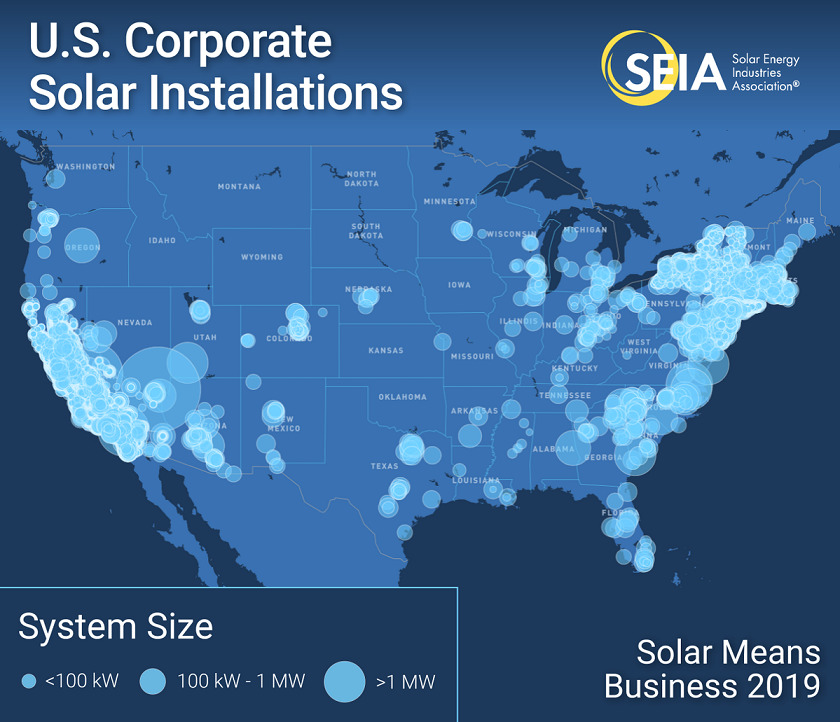 California, New York and Massachusetts lead the US for commercial solar installations. Image: SEIA.