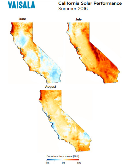 These California Solar Performance Maps show departures from average solar irradiance in GHI (or Global Horizontal Irradiance, the key variable for PV projects) and highlight the effects of recent wildfires. Vaisala conducted the study by comparing 2016 data with long-term averaged values from its continually updated global solar dataset. Credit: Vaisala