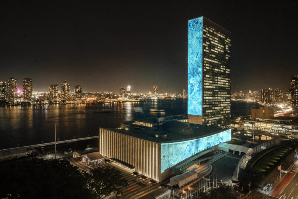 An art installation by artist Joseph Michael and environmental charity Project Pressure lights up United Nations buildings on September 20 to mark Climate Week. Source: Project Pressure