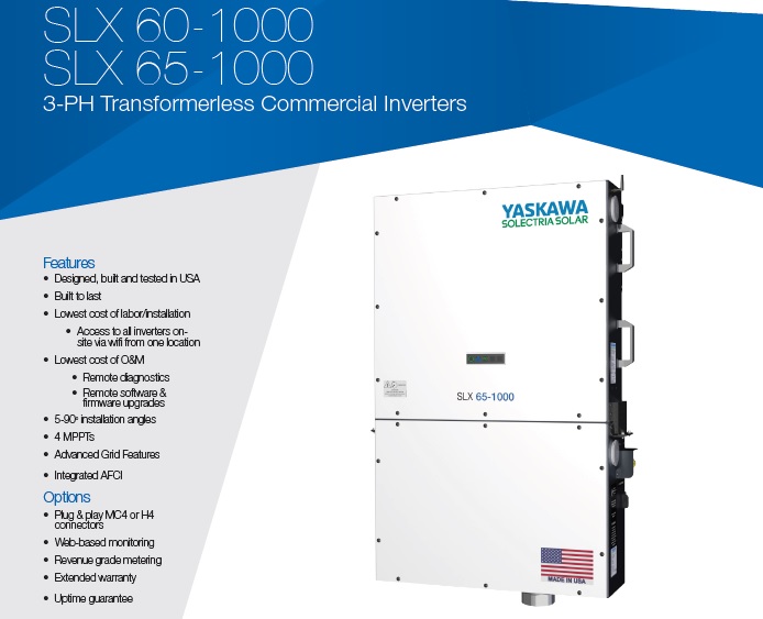 The SLX 1000 inverters are offered in 60 and 65 kilowatt (kW) power levels and the SLX 1500 inverters are offered in 125 and 166 kilowatt (kW) power levels. Image: Yaskawa Solectria Solar